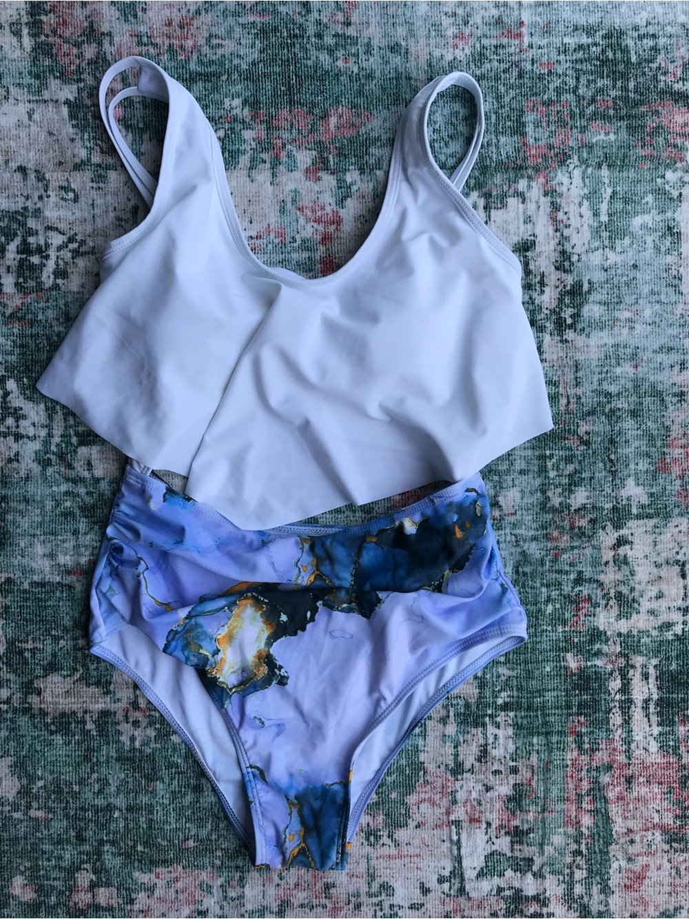 High-Waist White Marble One-Piece Swimsuit with White Top